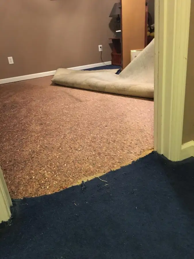 Carpet pad removal revealing water damage during Water Mitigation Services in Siler City
